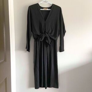 CHARCOAL GREY MICHAEL KORS SILK TWIST TIE LONG SLEEVE MIDI DRESS HOLIDAY CLASSY